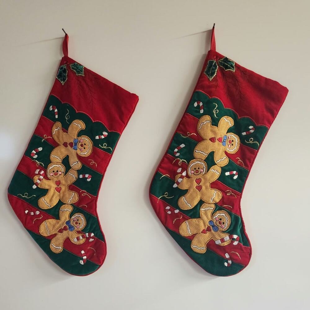 Pair Red Ginger Bread Men Stockings EUC 20"L